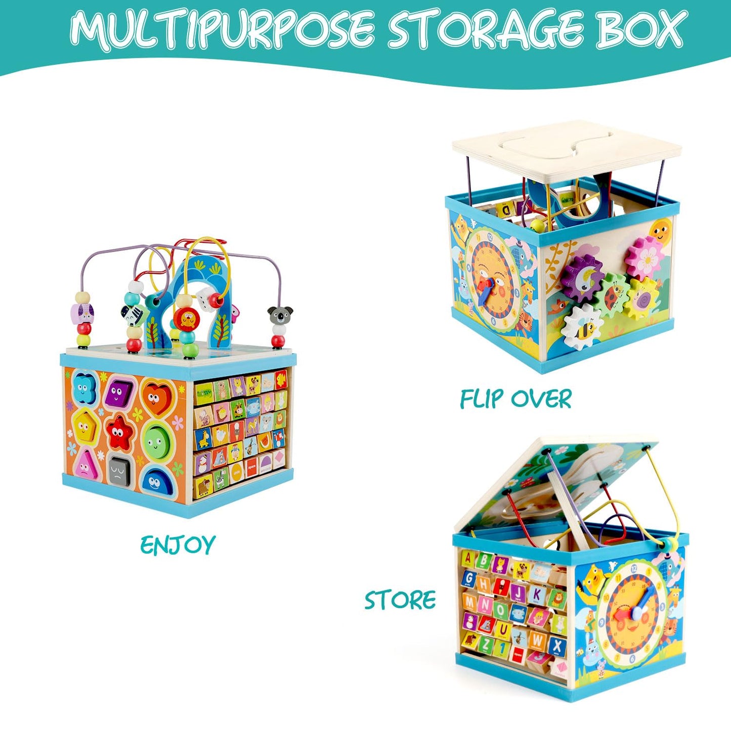 Qilay Wooden 5-in-1 Activity Cube for Toddlers | Bead Maze, ABC-123 Abacus, Shape Sorter