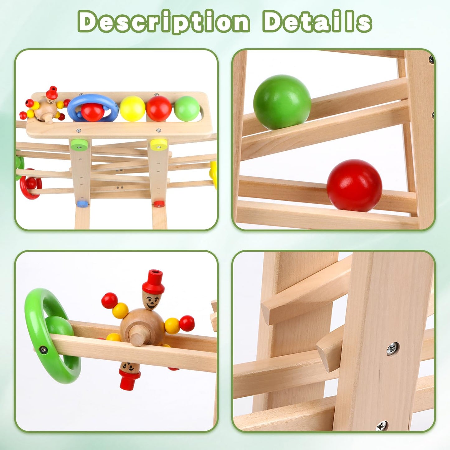 Qilay Wooden Race Track Toy for Toddlers 1-3 – 5 Tracks, 4 Balls, Montessori Ramp Racer