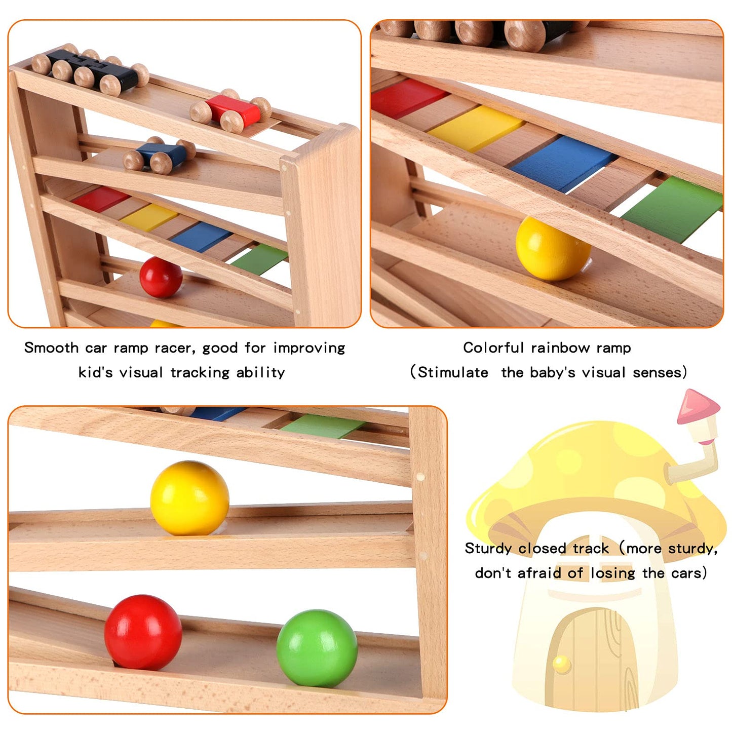 Qilay Wooden Race Track Car Ramp Toy for Toddlers – 5 Rainbow Racers & 2 Balls
