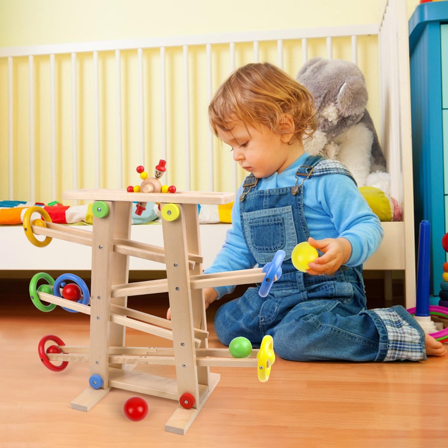 Qilay Wooden Race Track Toy for Toddlers 1-3 – 5 Tracks, 4 Balls, Montessori Ramp Racer