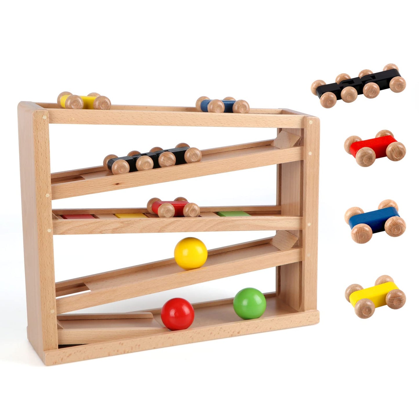 Qilay Wooden Race Track Car Ramp Toy for Toddlers – 5 Rainbow Racers & 2 Balls