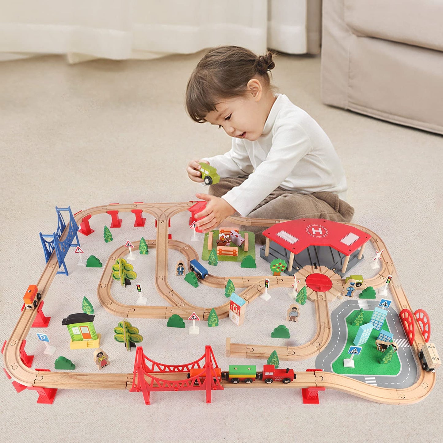 Qilay 140-Piece Deluxe Wooden Train Set for Kids – Creative Track Builder