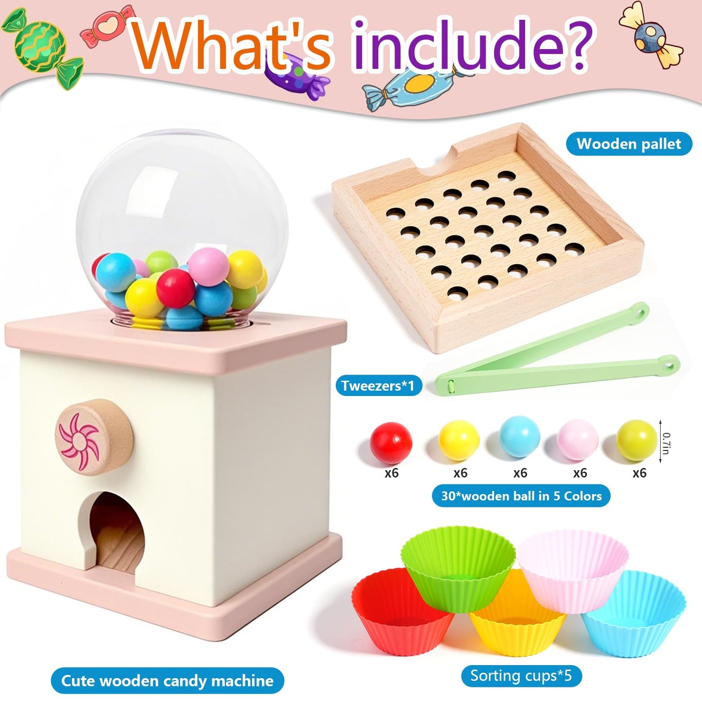 QimuMku 9.6-inch Wooden Gumball Machine – Montessori Counting Toy for Ages 3-8