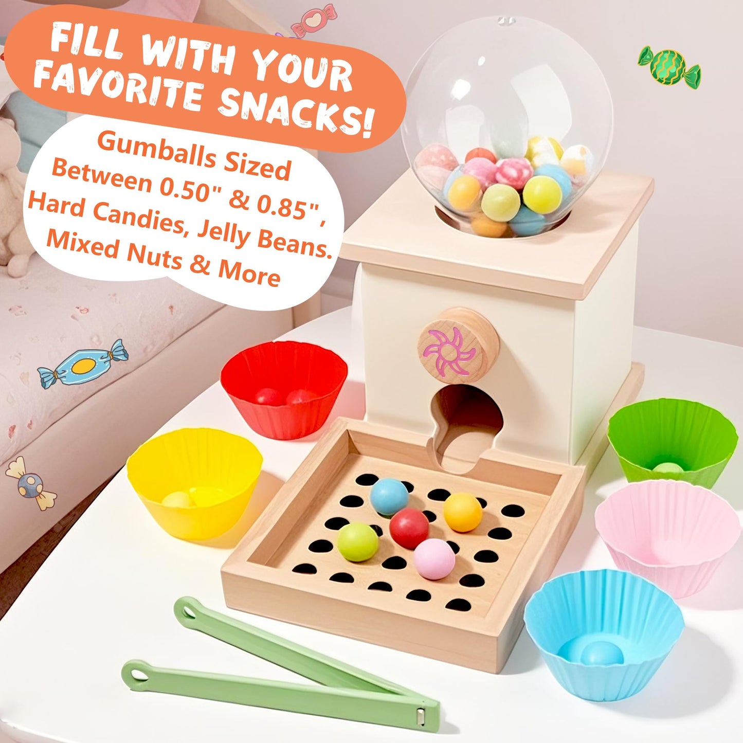 QimuMku 9.6-inch Wooden Gumball Machine – Montessori Counting Toy for Ages 3-8
