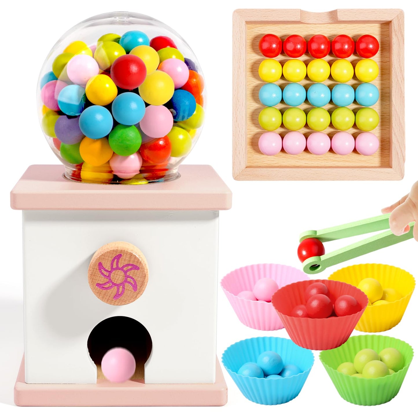 QimuMku 9.6-inch Wooden Gumball Machine – Montessori Counting Toy for Ages 3-8