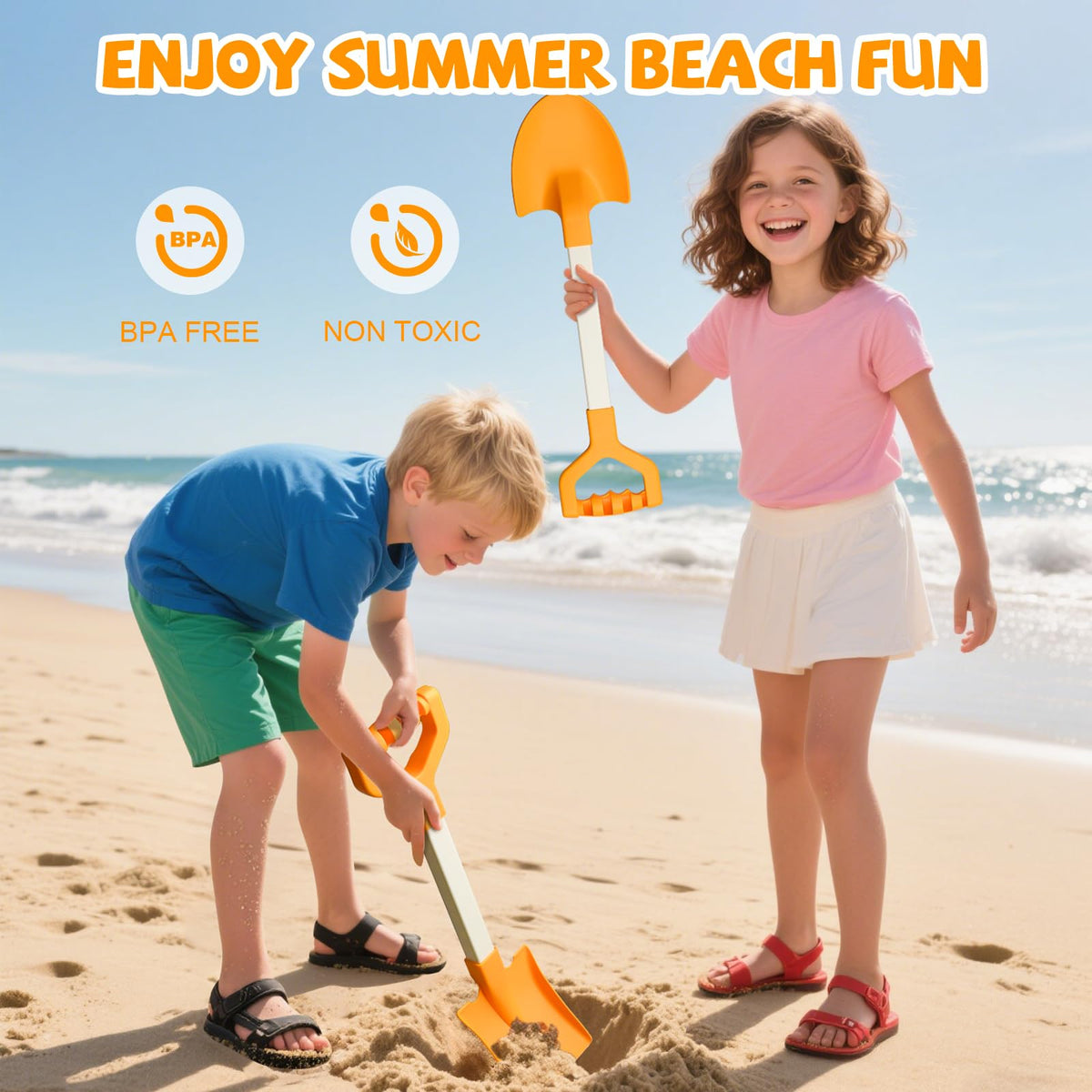 QINGLER 20-Inch Kids Beach Shovels | 2-Pack Orange, Durable BPA-Free Plastic