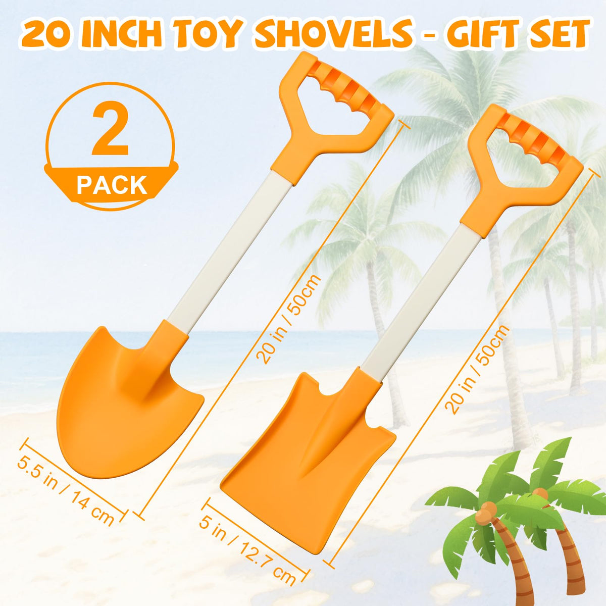QINGLER 20-Inch Kids Beach Shovels | 2-Pack Orange, Durable BPA-Free Plastic