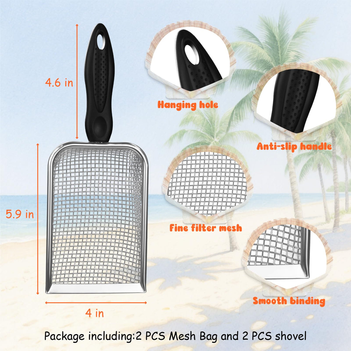 QINGLER Beach Mesh Shovels & Bags – 2 Shovels + 2 Bags for Shell Treasure Hunting
