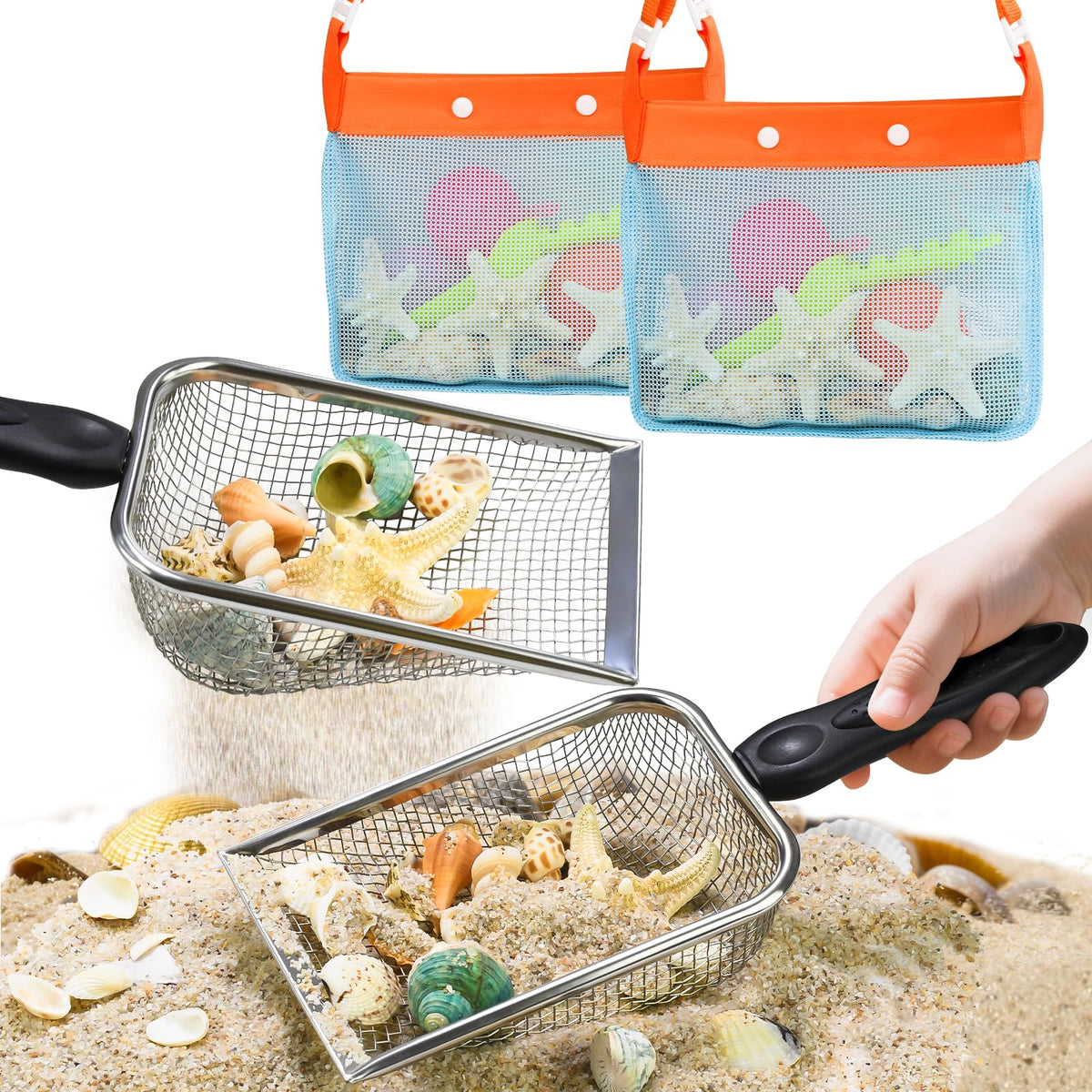 QINGLER Beach Mesh Shovels & Bags – 2 Shovels + 2 Bags for Shell Treasure Hunting