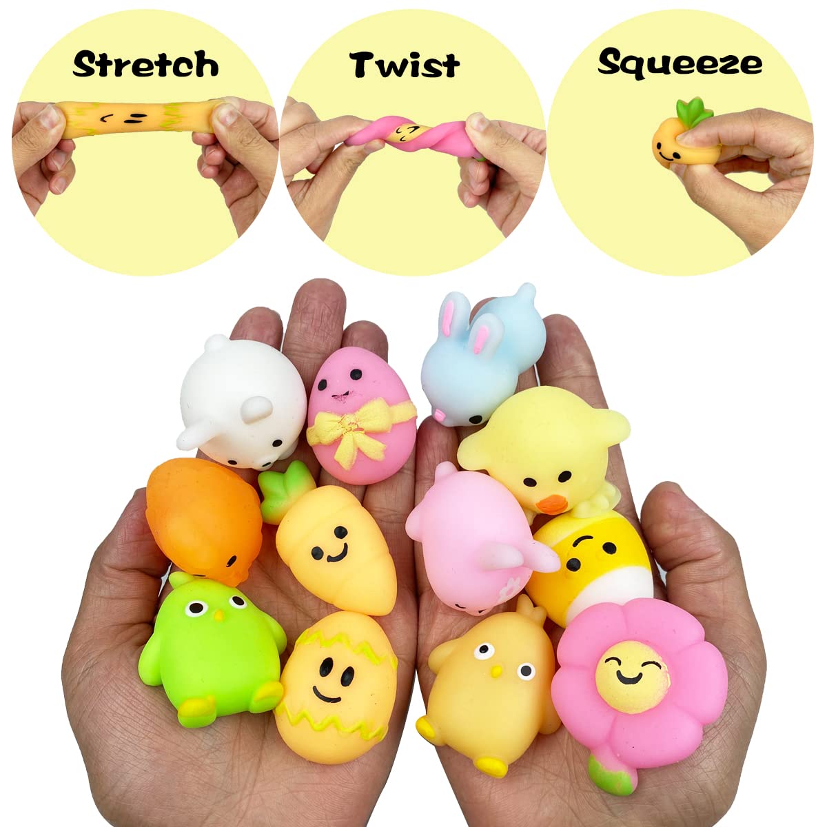 QINGQIU 72 PCS Easter Mochi Squishy Toys – 24 Styles for Kids, Easter Basket Stuffers