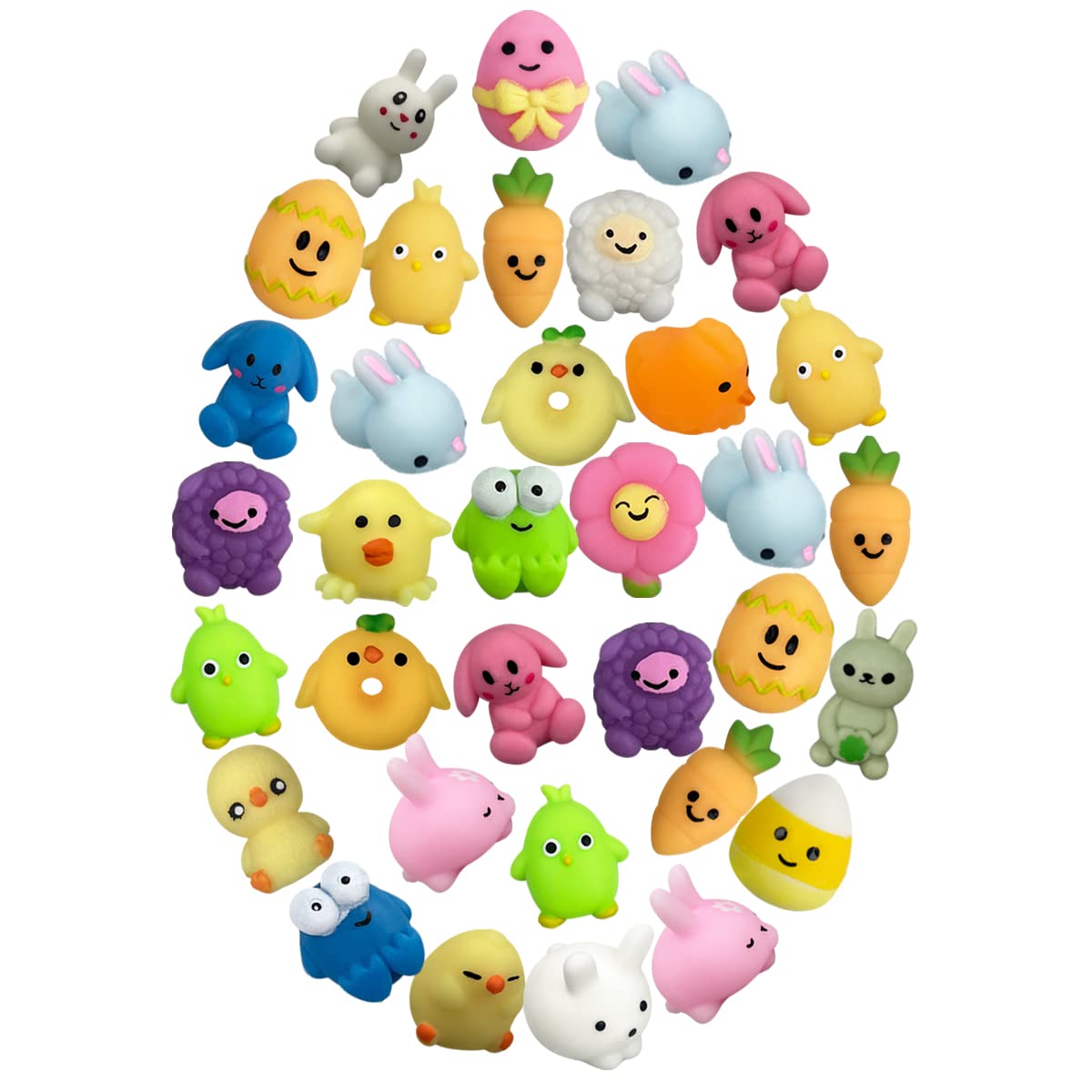 QINGQIU 72 PCS Easter Mochi Squishy Toys – 24 Styles for Kids, Easter Basket Stuffers