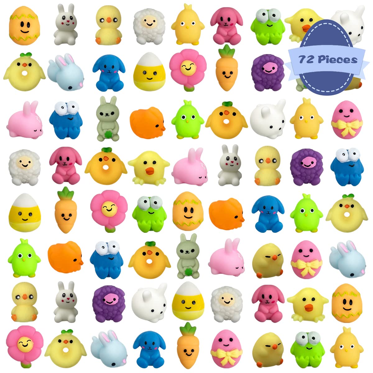 QINGQIU 72 PCS Easter Mochi Squishy Toys – 24 Styles for Kids, Easter Basket Stuffers