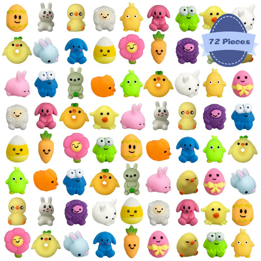 QINGQIU 72 PCS Easter Mochi Squishy Toys – 24 Styles for Kids, Easter Basket Stuffers