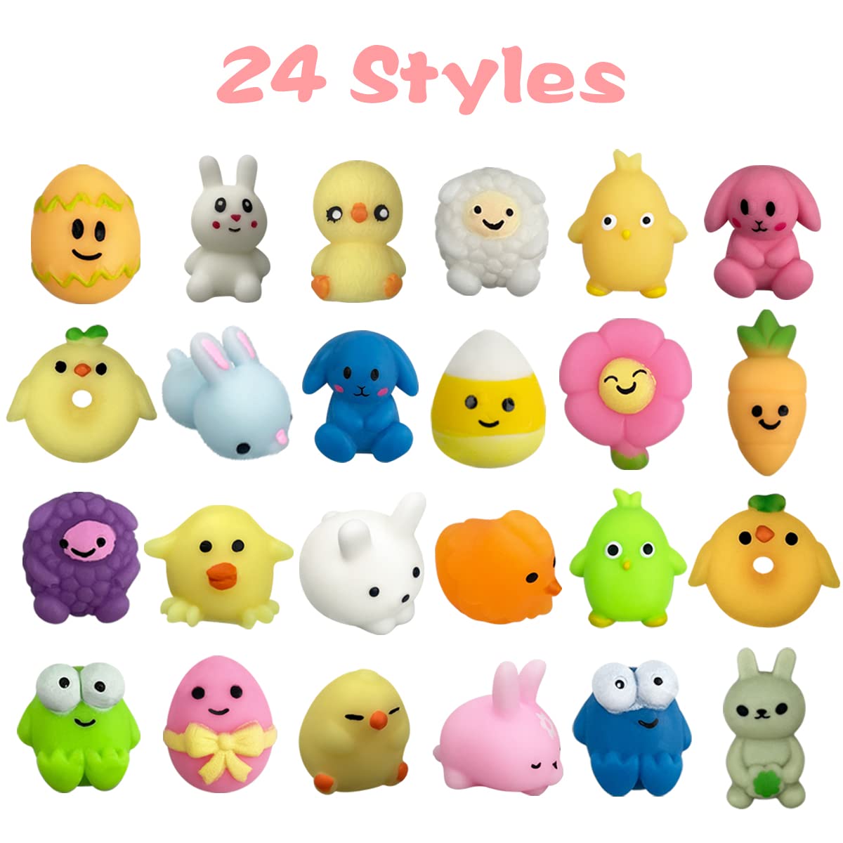 QINGQIU 72 PCS Easter Mochi Squishy Toys – 24 Styles for Kids, Easter Basket Stuffers
