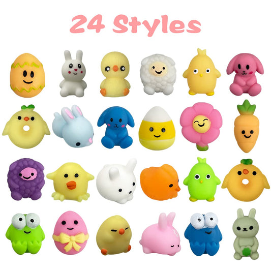 QINGQIU 72 PCS Easter Mochi Squishy Toys – 24 Styles for Kids, Easter Basket Stuffers