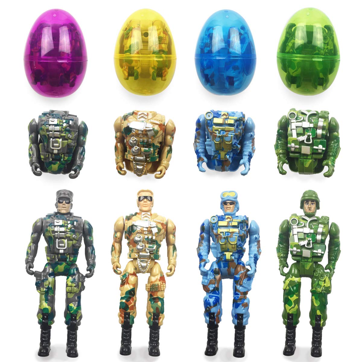 QINGQIU 4 Pack Jumbo Soldier Deformation Easter Eggs – Prefilled Soldier Toys Inside