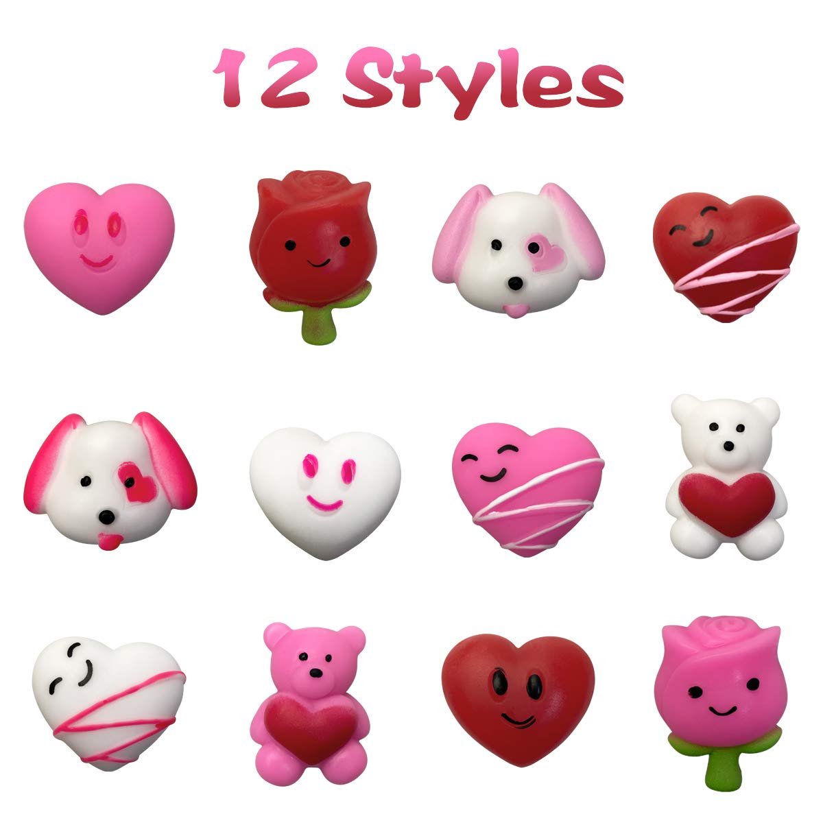QINGQIU 24 PCS Valentines Day Mochi Squishy Toys – 12 Styles, Fun Classroom Gifts & Party Favors