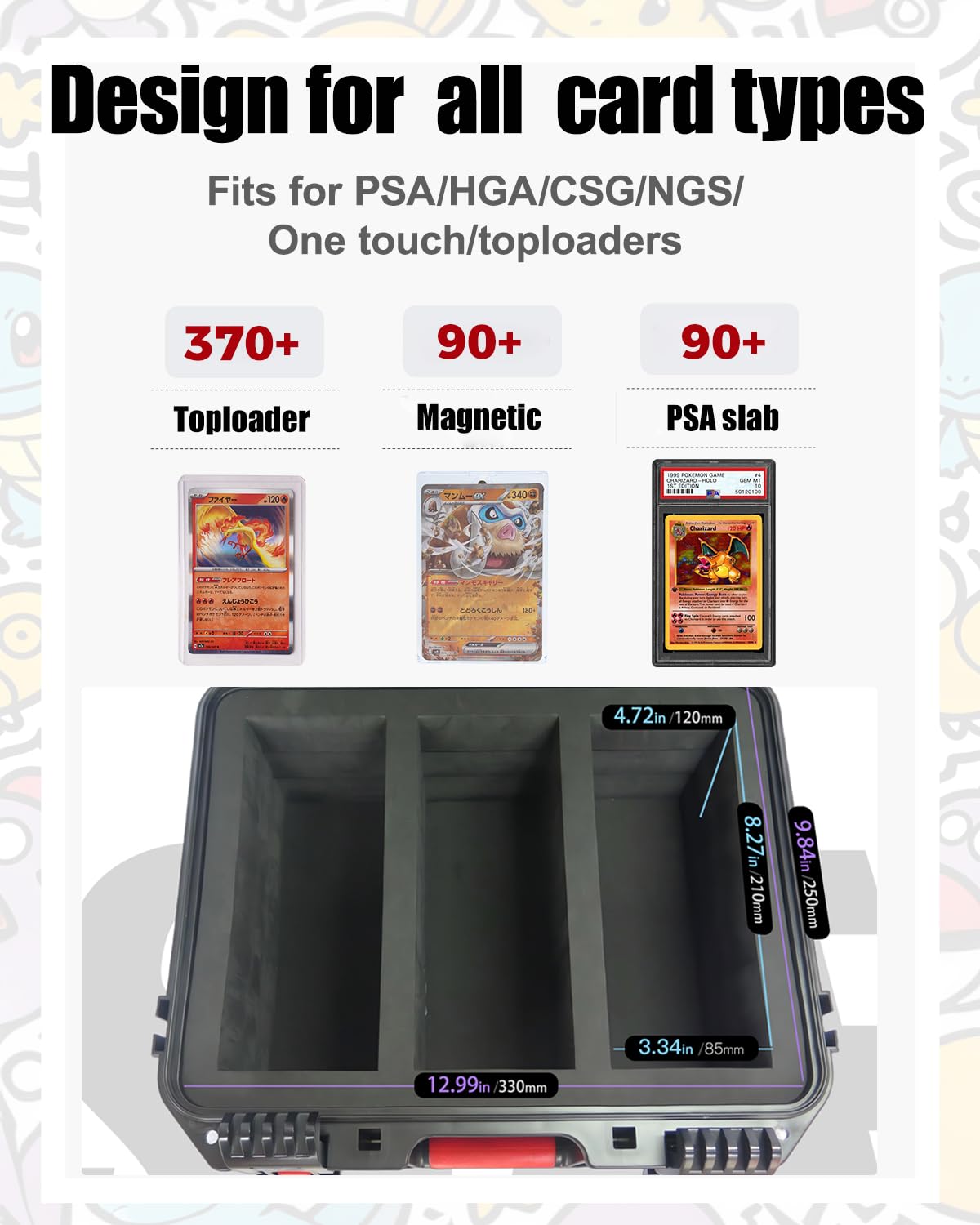 QINGUANG Graded Card Storage Box – IP67 Waterproof Case with 6 Foam Dividers (14.06"x11.81"x6.89")