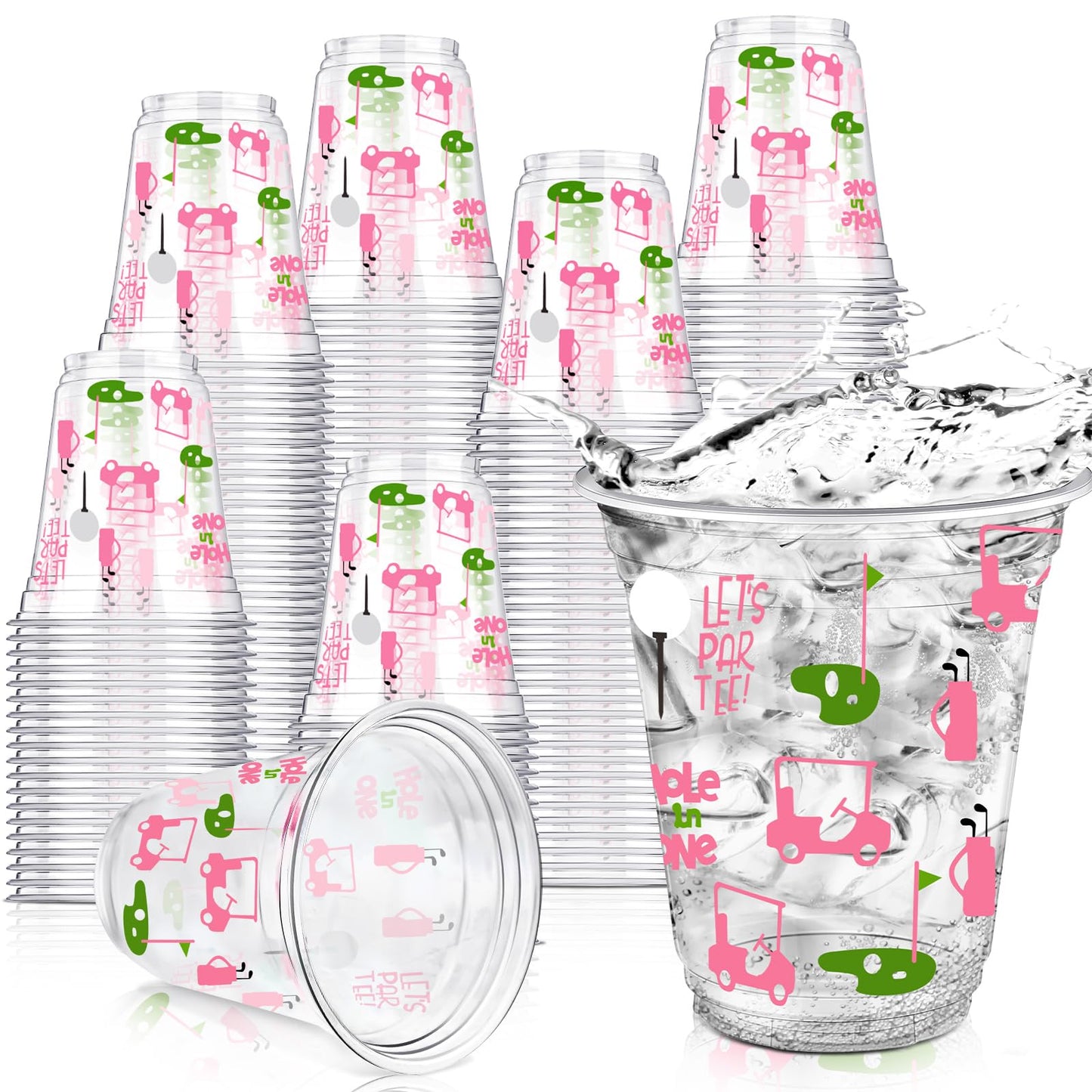 Qinyoung Masters Golf Party Cups 50-Pack | 12oz Pink Clear Disposable Cups