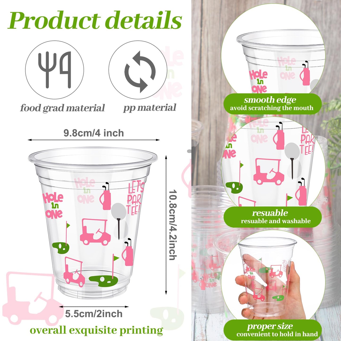 Qinyoung Masters Golf Party Cups 50-Pack | 12oz Pink Clear Disposable Cups