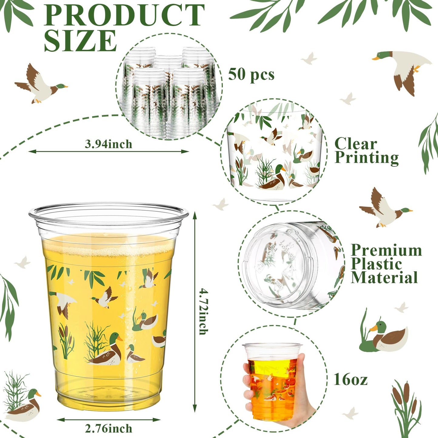 Qinyoung 50 Pcs 16 oz Mallard Duck Cups – Disposable Party Cups for Hunting Theme Celebrations