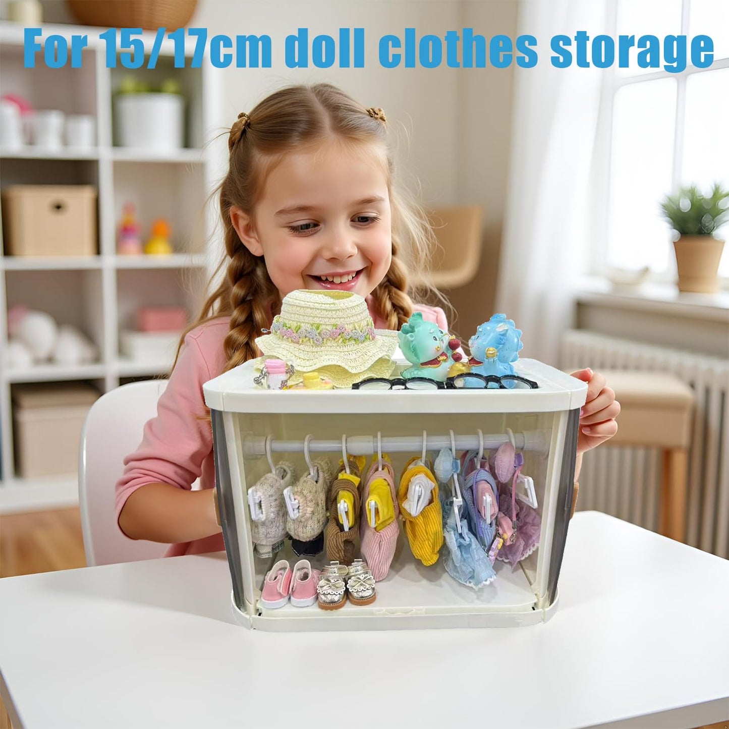 QIPECO Foldable Doll Wardrobe with 10 Hangers & 1 Rod – Labubu Doll Clothes Compatible, Space-Saving Display Cabinet