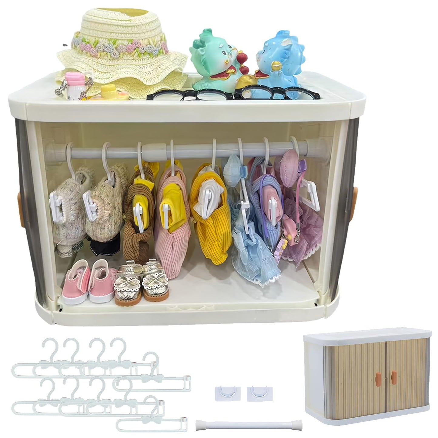 QIPECO Foldable Doll Wardrobe with 10 Hangers & 1 Rod – Labubu Doll Clothes Compatible, Space-Saving Display Cabinet
