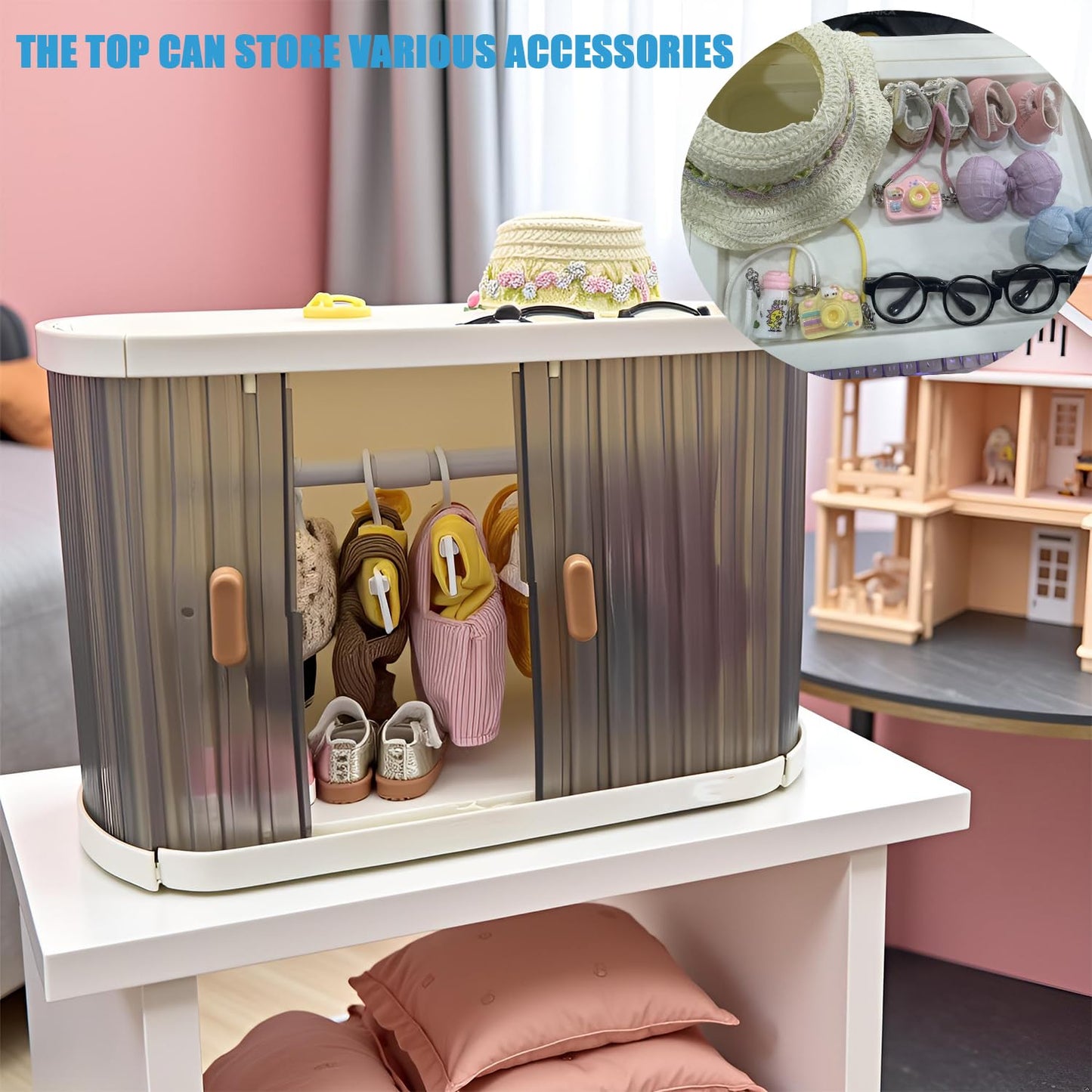 QIPECO Foldable Doll Wardrobe with 10 Hangers & 1 Rod – Labubu Doll Clothes Compatible, Space-Saving Display Cabinet