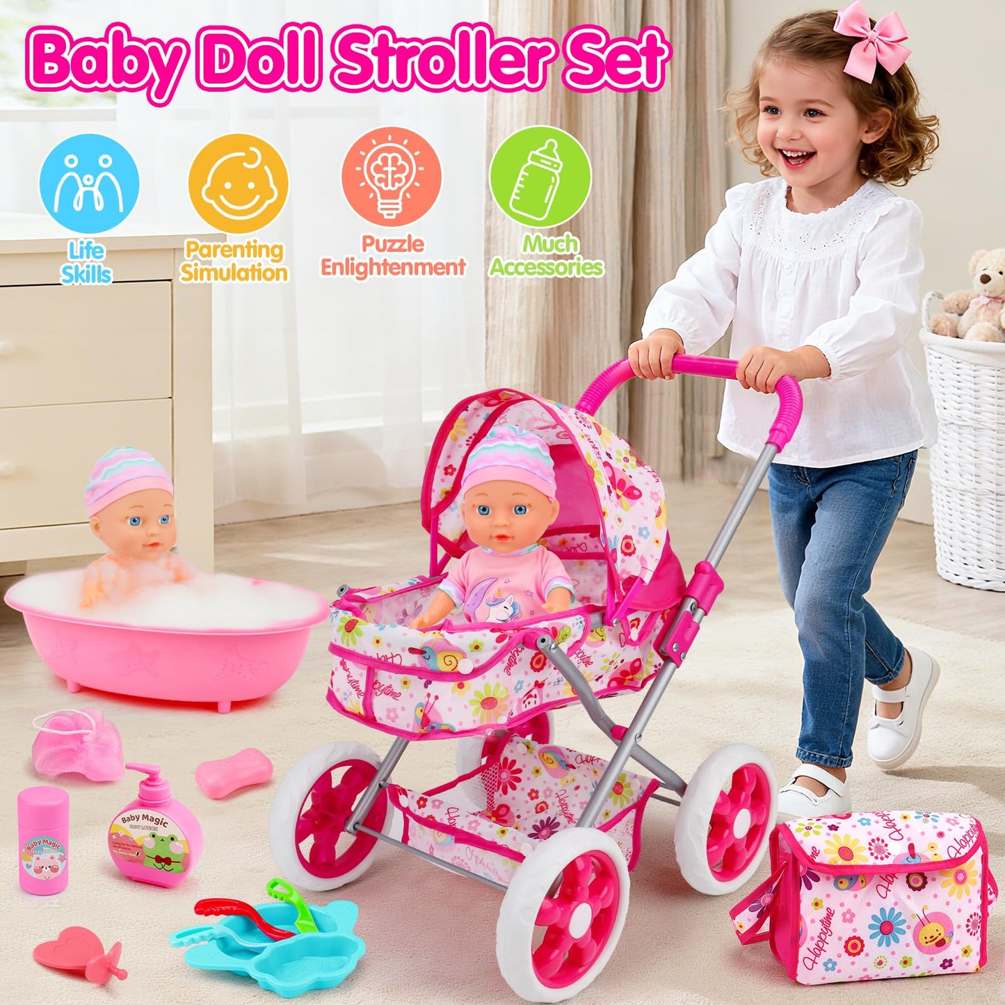 Qirptey Baby Doll Stroller Set – 11-Inch Doll, 20 Accessories, Bathtub | Pretend Play Gift for Girls