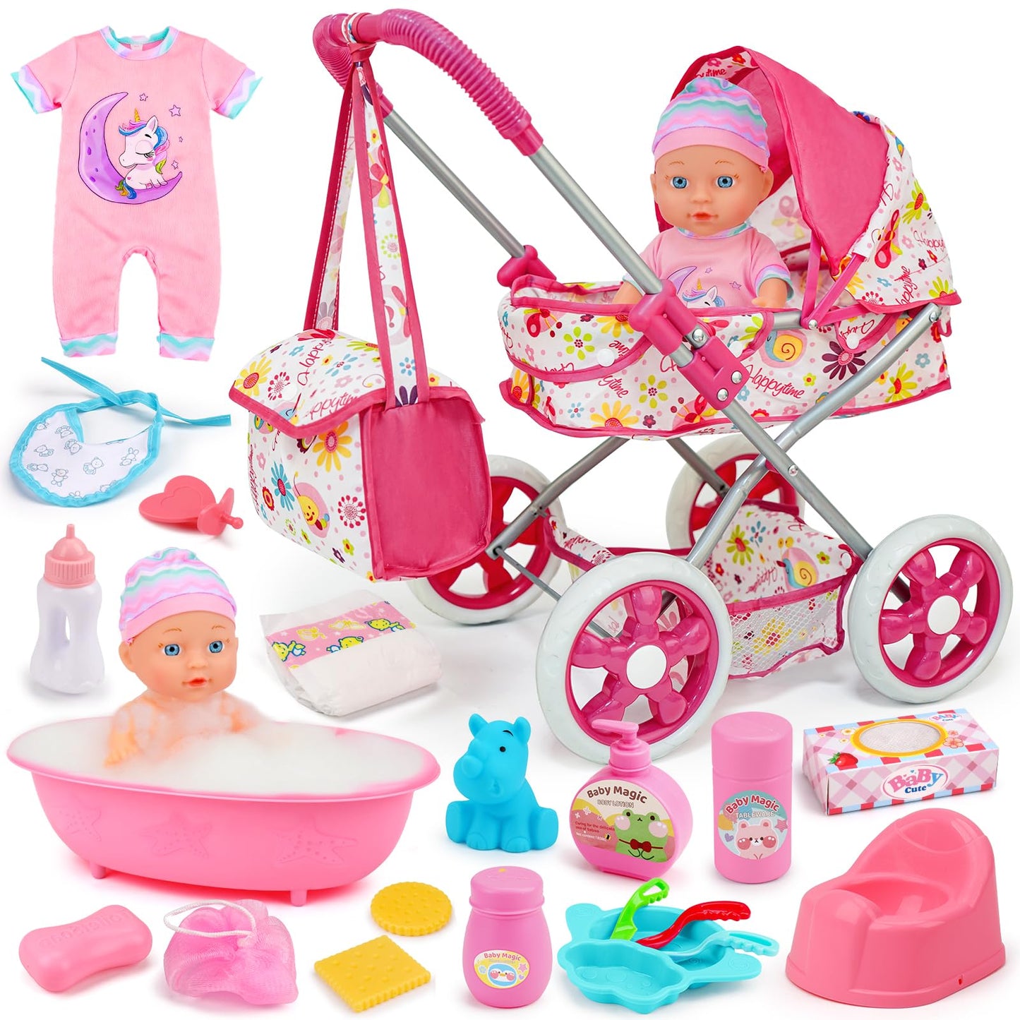 Qirptey Baby Doll Stroller Set – 11-Inch Doll, 20 Accessories, Bathtub | Pretend Play Gift for Girls