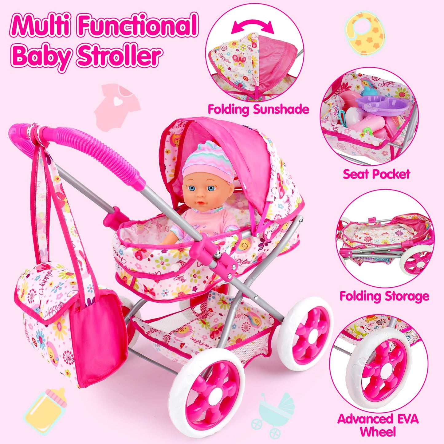 Qirptey Baby Doll Stroller Set – 11-Inch Doll, 20 Accessories, Bathtub | Pretend Play Gift for Girls
