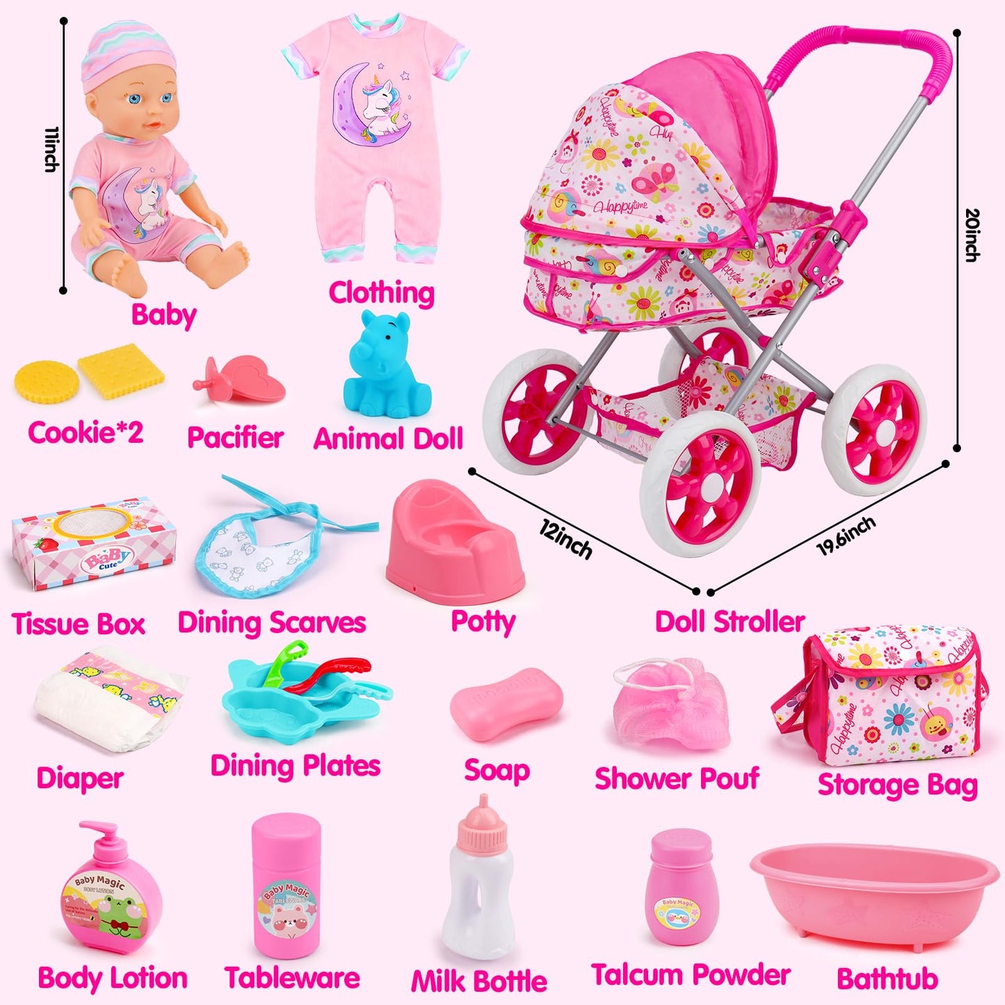 Qirptey Baby Doll Stroller Set – 11-Inch Doll, 20 Accessories, Bathtub | Pretend Play Gift for Girls