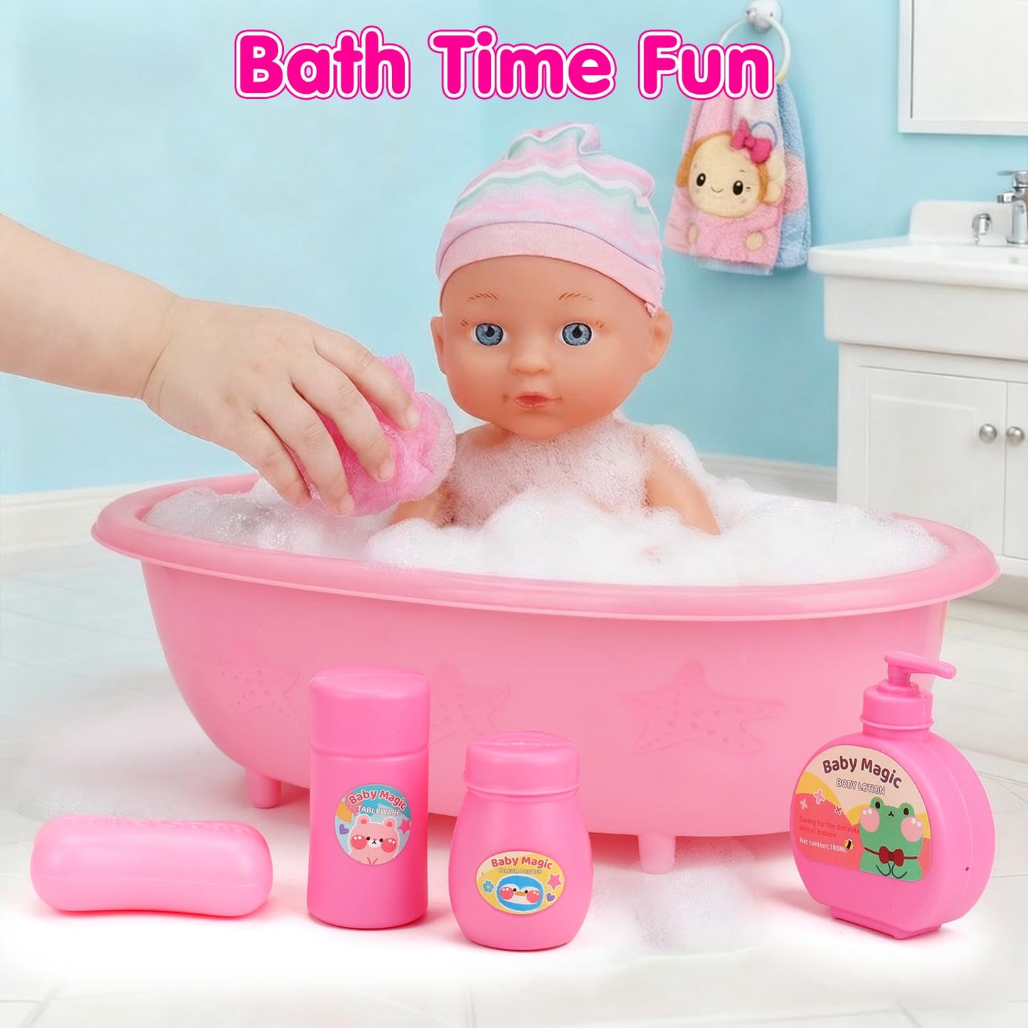 Qirptey Baby Doll Stroller Set – 11-Inch Doll, 20 Accessories, Bathtub | Pretend Play Gift for Girls