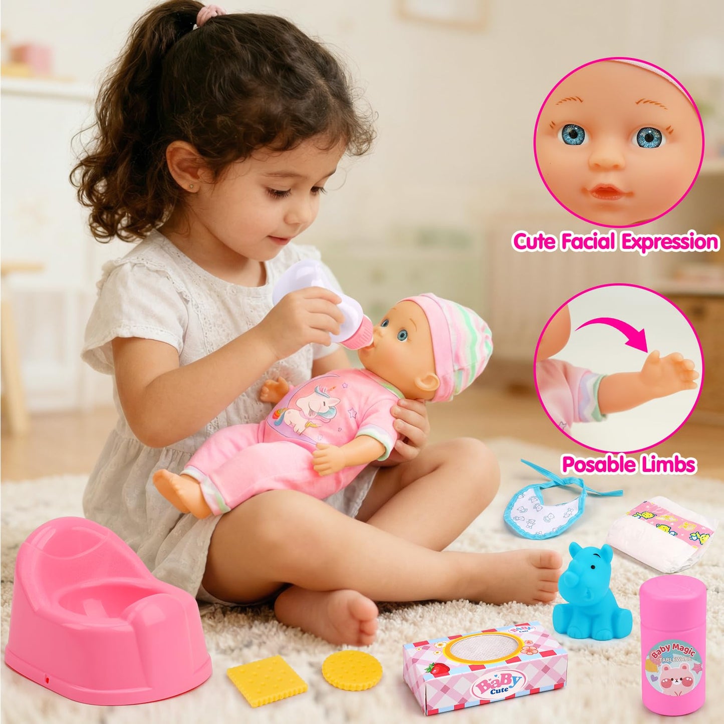 Qirptey Baby Doll Stroller Set – 11-Inch Doll, 20 Accessories, Bathtub | Pretend Play Gift for Girls