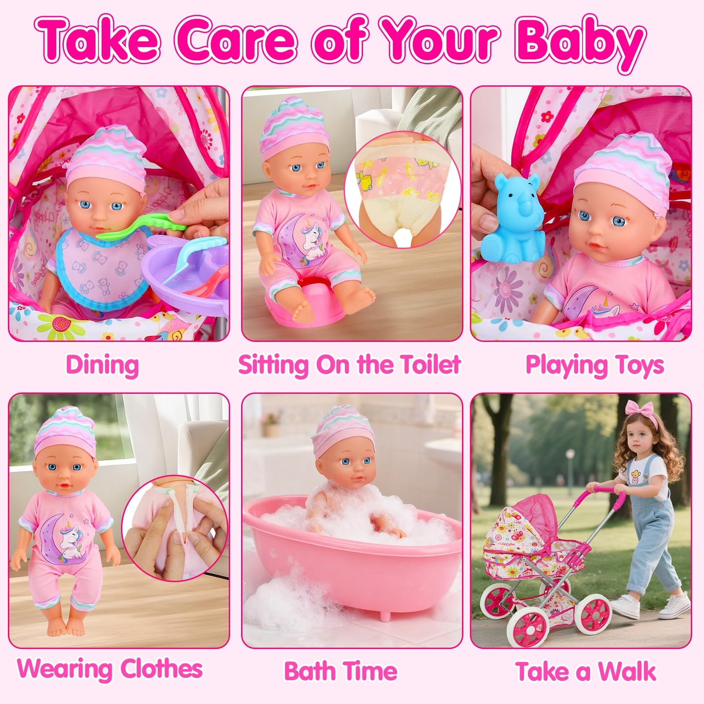 Qirptey Baby Doll Stroller Set – 11-Inch Doll, 20 Accessories, Bathtub | Pretend Play Gift for Girls