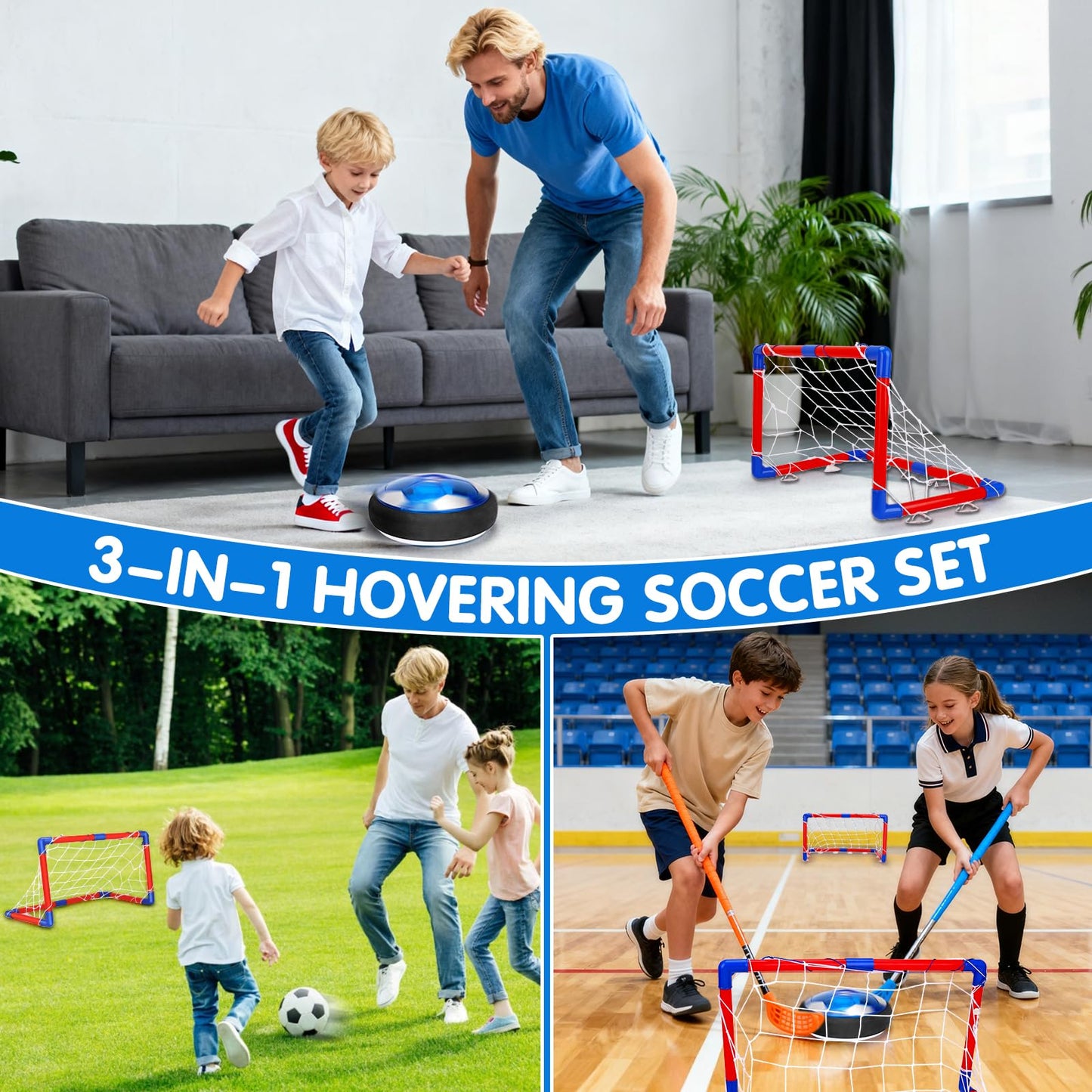 Qirptey 3-in-1 Hover Soccer Ball & Field Hockey Set with LED Lights — Indoor Kids Toy