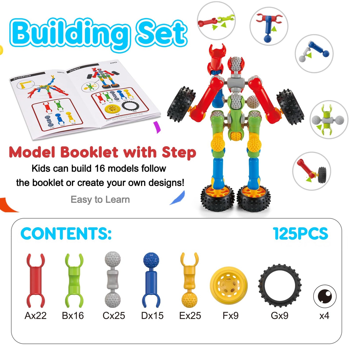 Qirptey Kids STEM Building Toys - 125 Pieces for 3-8+ Year Olds