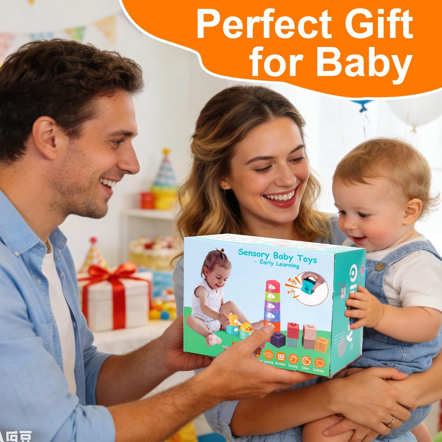 Qirptey Montessori 4-in-1 Baby Toys for 6-12 Months – Shape Sorter, Stacking Cups, Pull-String & Blocks