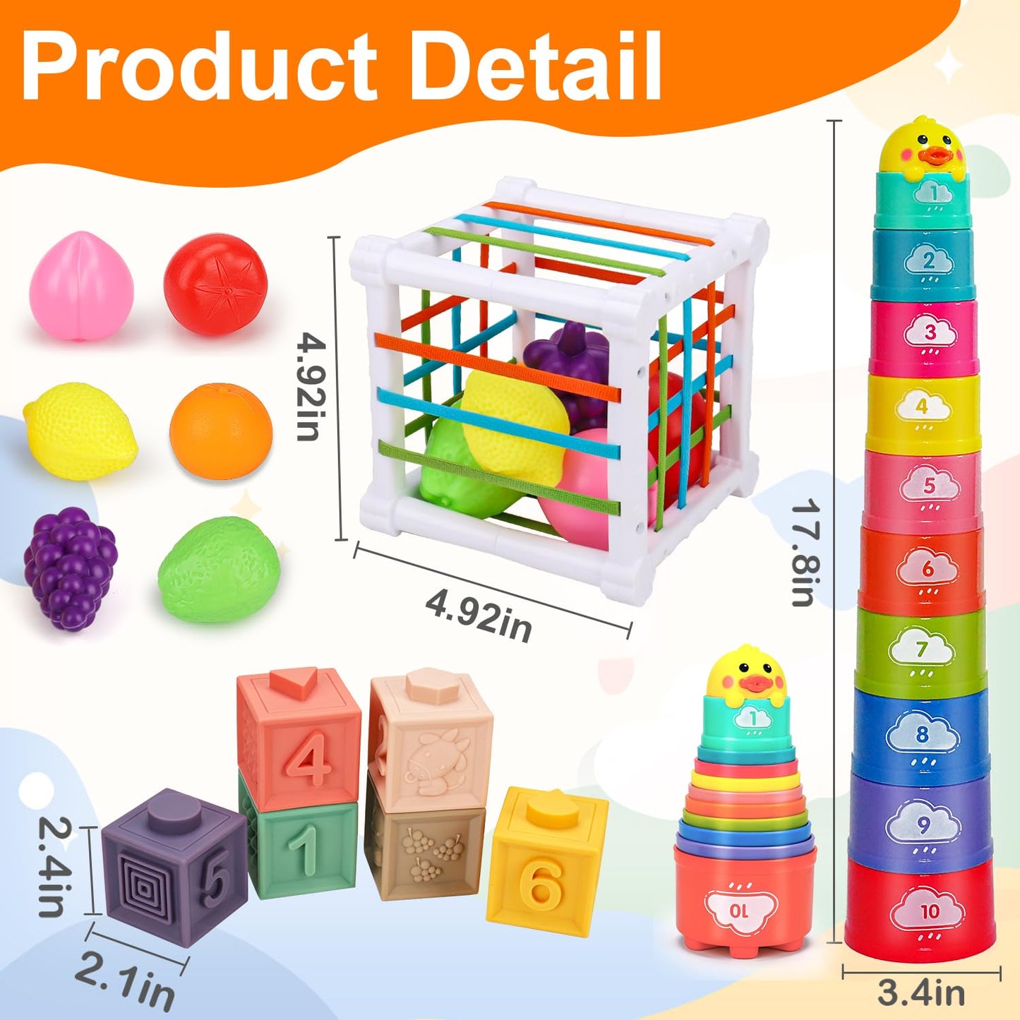 Qirptey Montessori 4-in-1 Baby Toys for 6-12 Months – Shape Sorter, Stacking Cups, Pull-String & Blocks