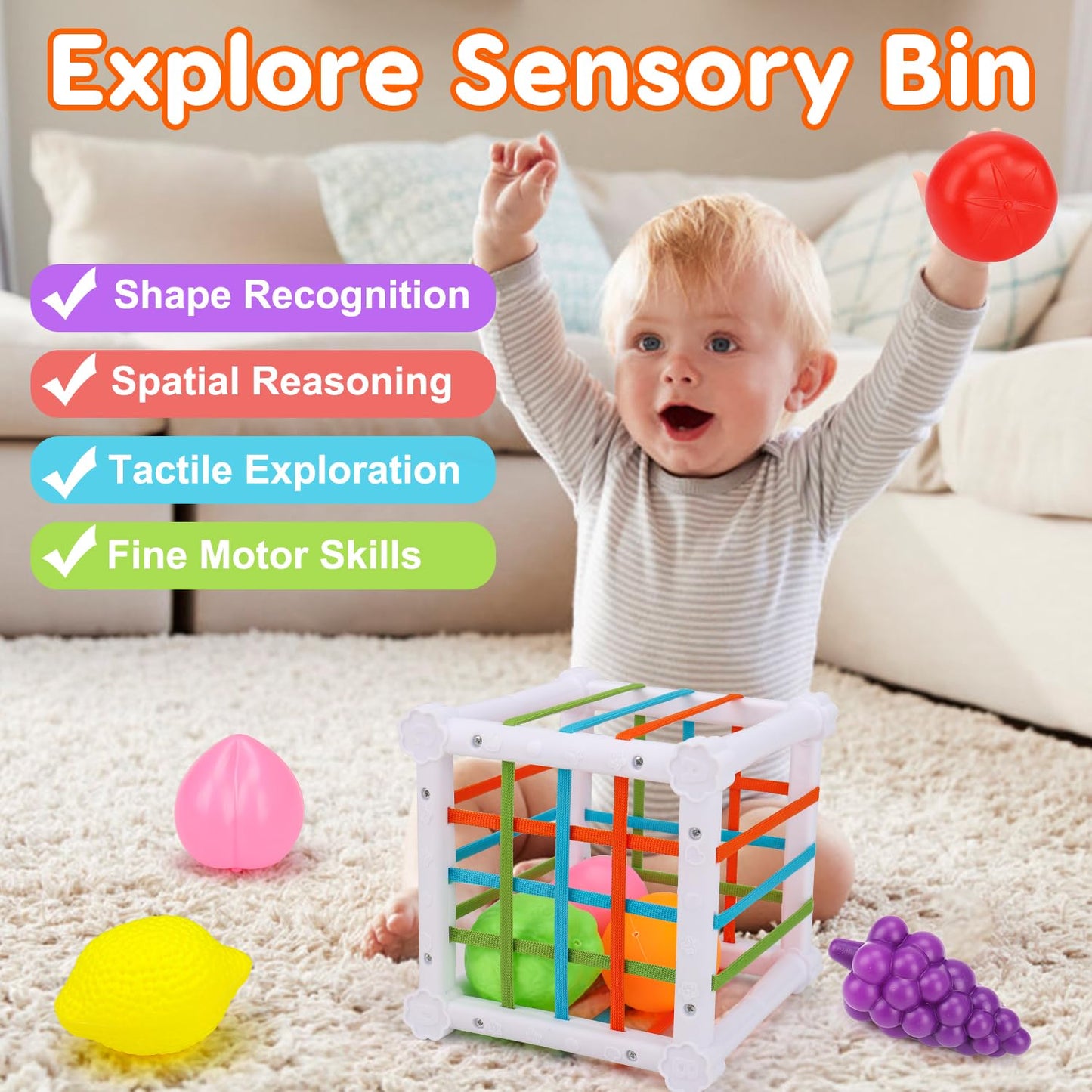 Qirptey Montessori 4-in-1 Baby Toys for 6-12 Months – Shape Sorter, Stacking Cups, Pull-String & Blocks