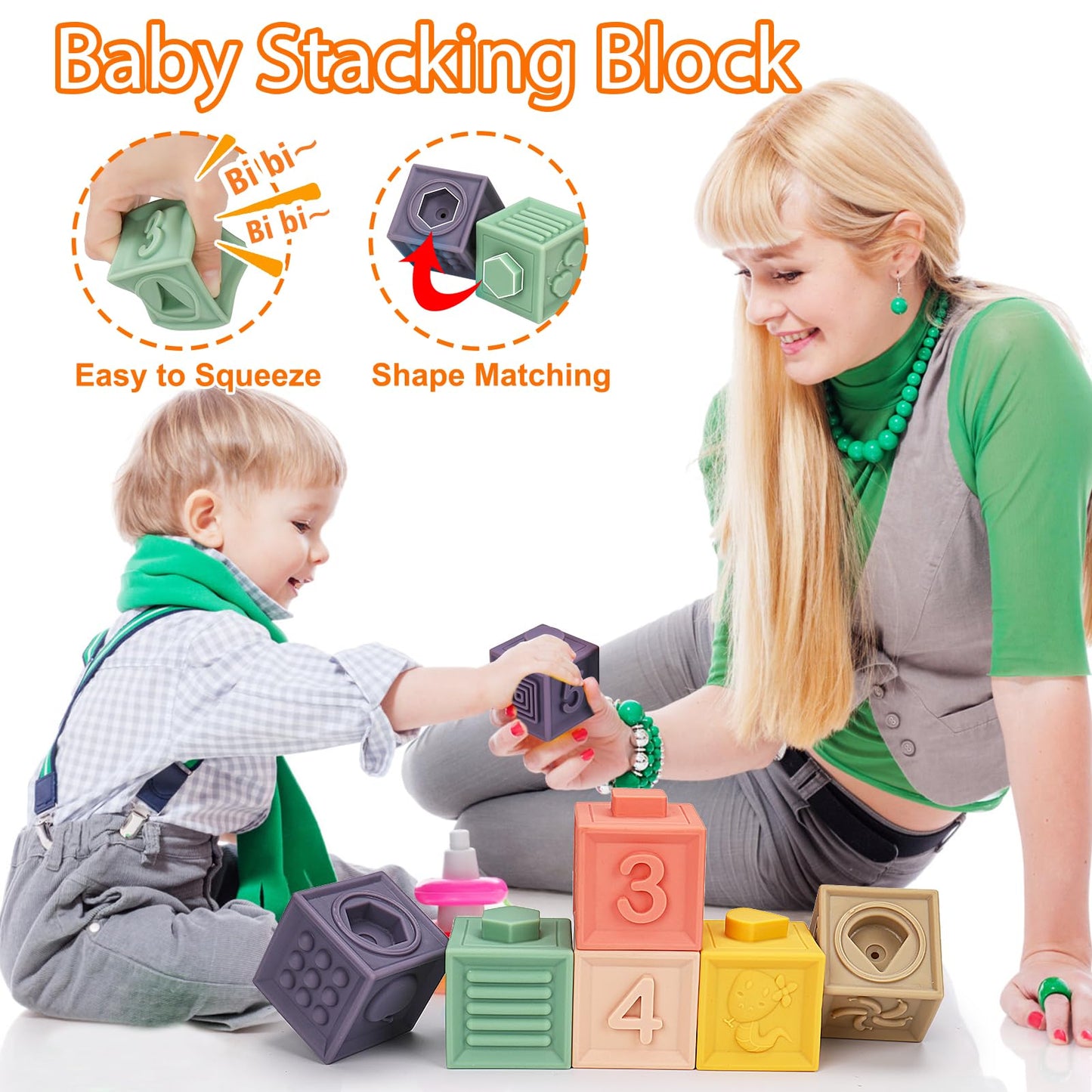 Qirptey Montessori 4-in-1 Baby Toys for 6-12 Months – Shape Sorter, Stacking Cups, Pull-String & Blocks