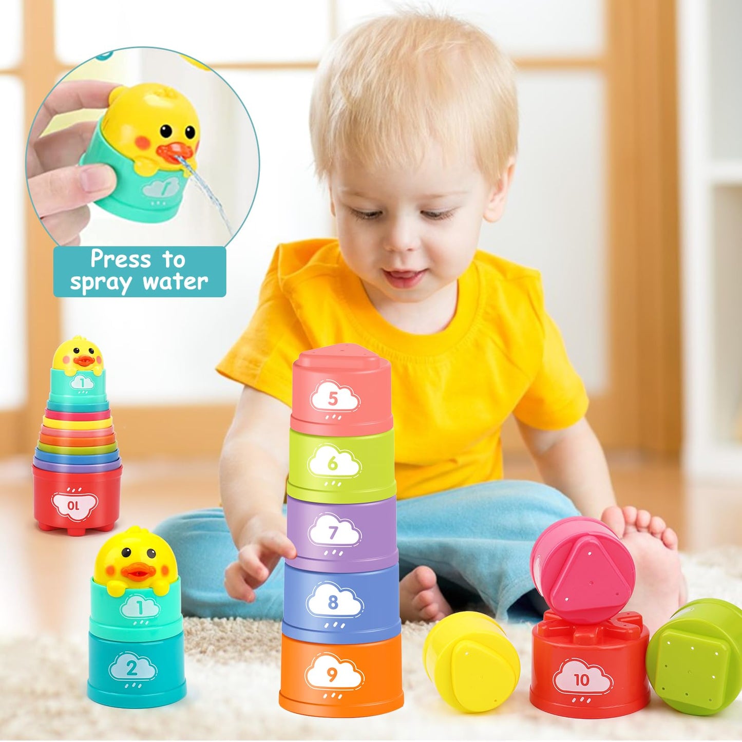 Qirptey Montessori 4-in-1 Baby Toys for 6-12 Months – Shape Sorter, Stacking Cups, Pull-String & Blocks