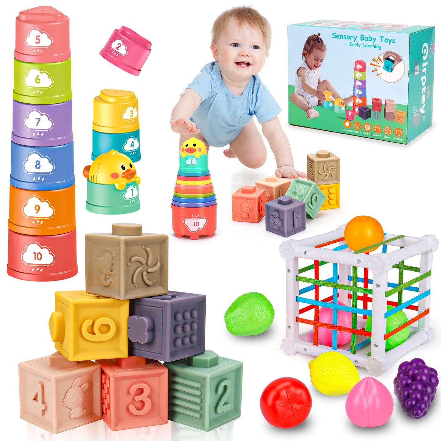 Qirptey Montessori 4-in-1 Baby Toys for 6-12 Months – Shape Sorter, Stacking Cups, Pull-String & Blocks