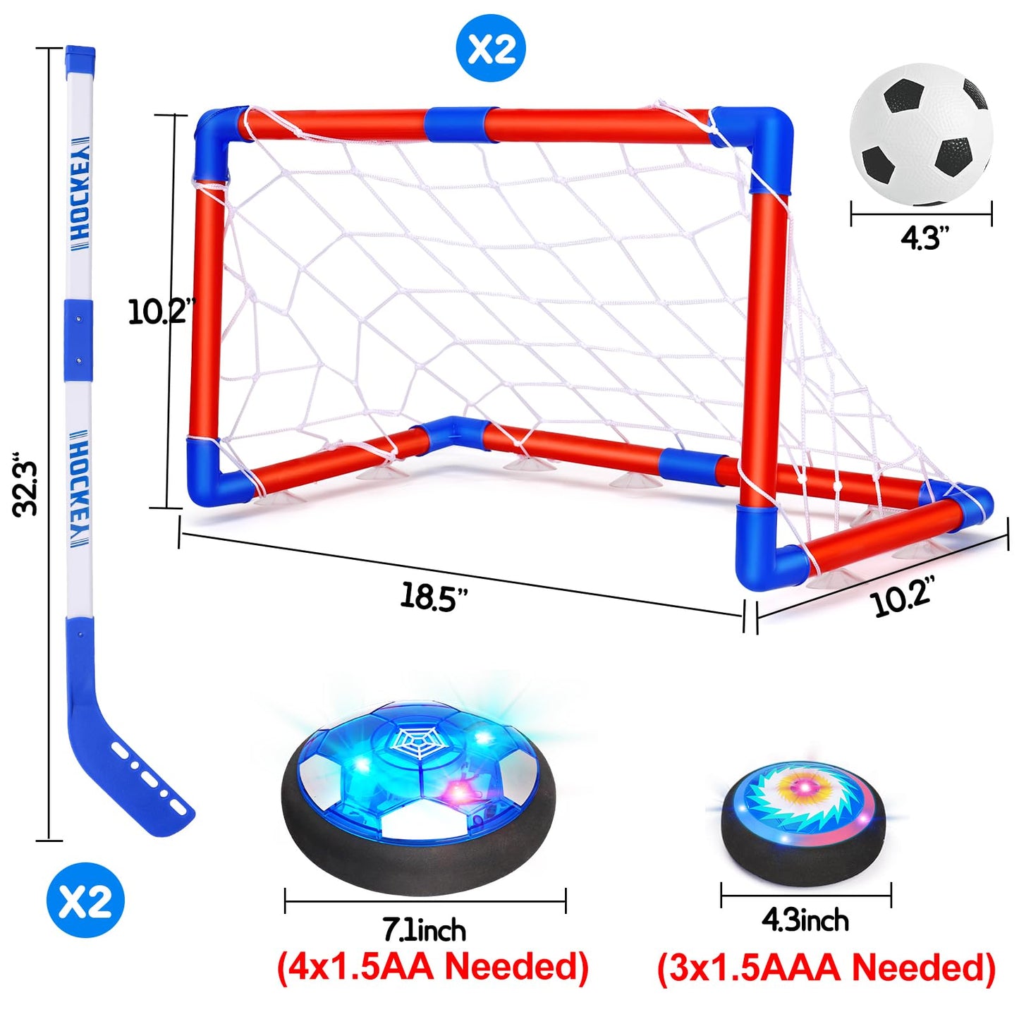 Qirptey 3-in-1 Hover Soccer Ball & Field Hockey Set with LED Lights — Indoor Kids Toy