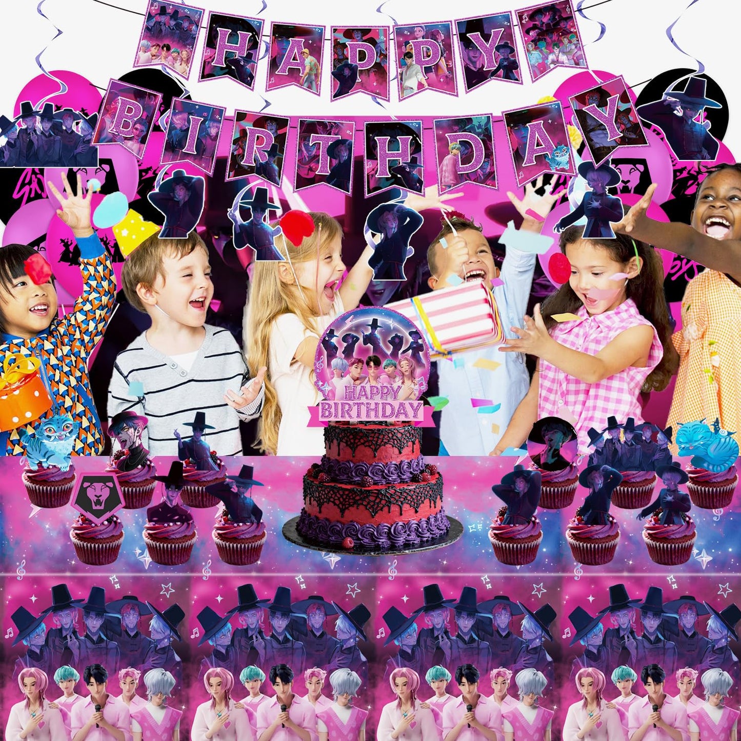 Qitindasen Demon Hunters Birthday Decorations – Saja Boys Kpop Theme Party Supplies
