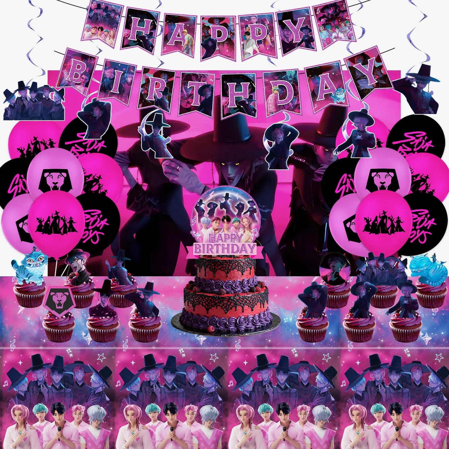 Qitindasen Demon Hunters Birthday Decorations – Saja Boys Kpop Theme Party Supplies