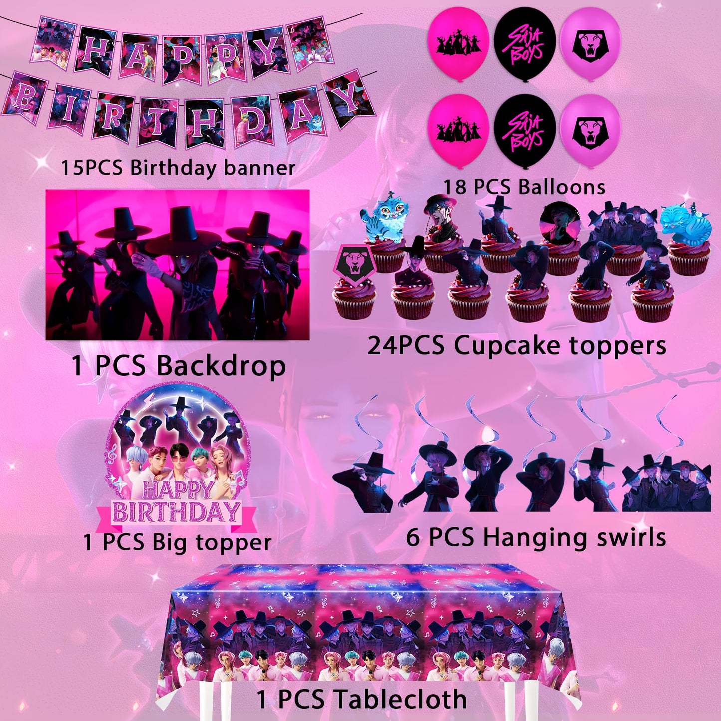 Qitindasen Demon Hunters Birthday Decorations – Saja Boys Kpop Theme Party Supplies