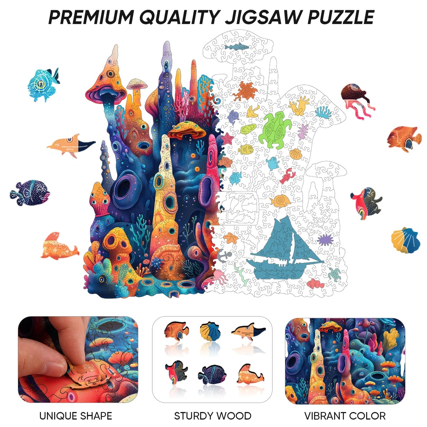 Qiuenisray Wooden Puzzles 500 Pieces – Coral Ocean Jigsaw, FSC Certified Wood, Wall Decor, 16.6x16.9 in