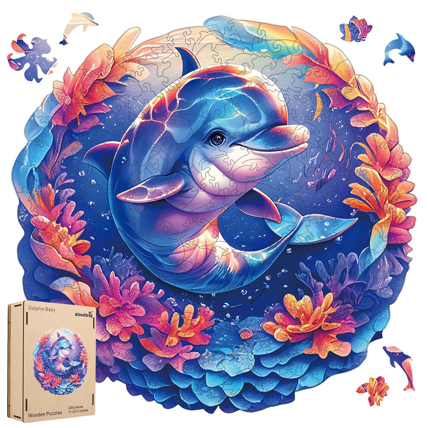 Qiuenisray Wooden Puzzles for Adults – Dolphin Baby Jigsaw 200 Pieces, FSC Certified, Irregular Wood Puzzle (11.2x11.2 in)
