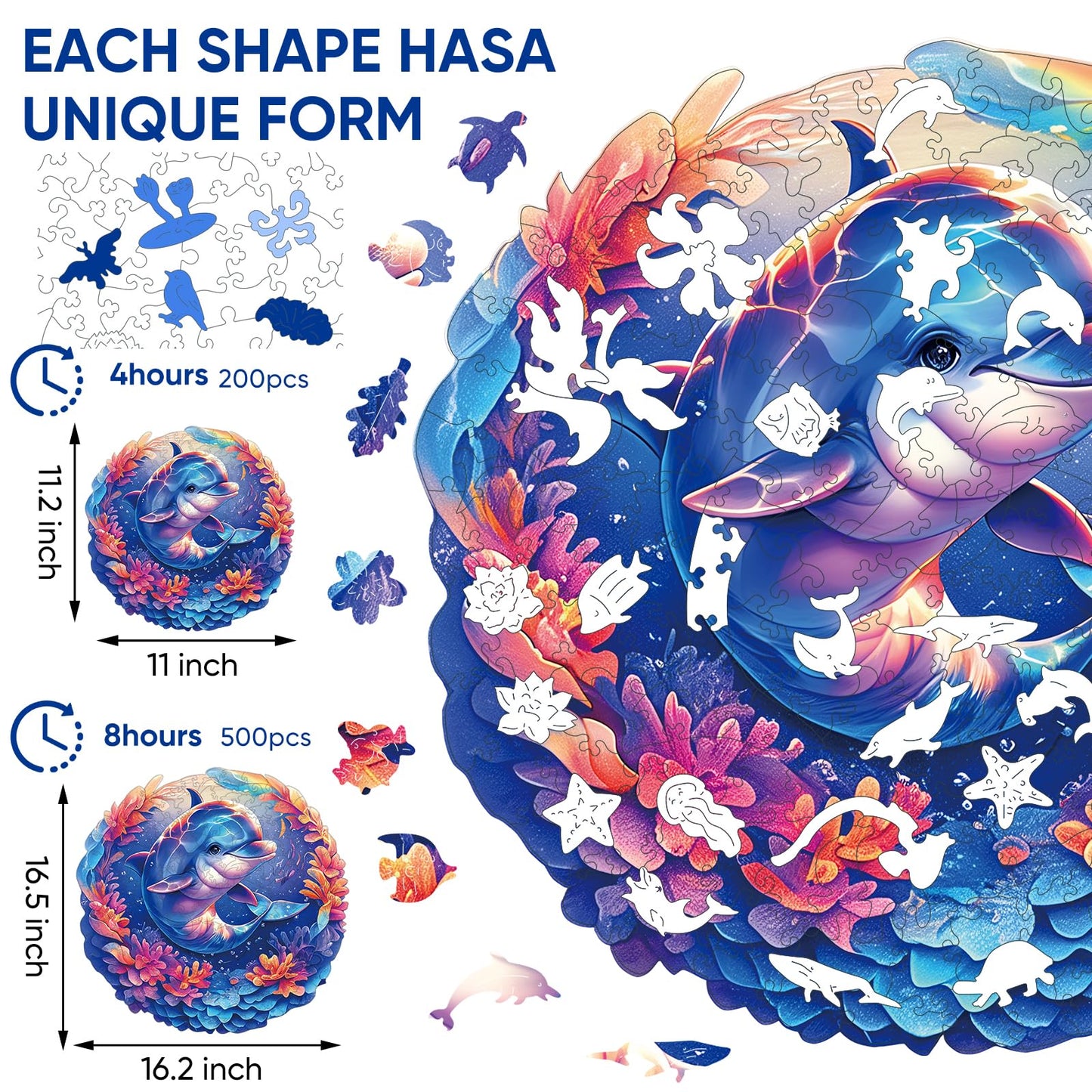 Qiuenisray Wooden Puzzles for Adults – Dolphin Baby Jigsaw 200 Pieces, FSC Certified, Irregular Wood Puzzle (11.2x11.2 in)